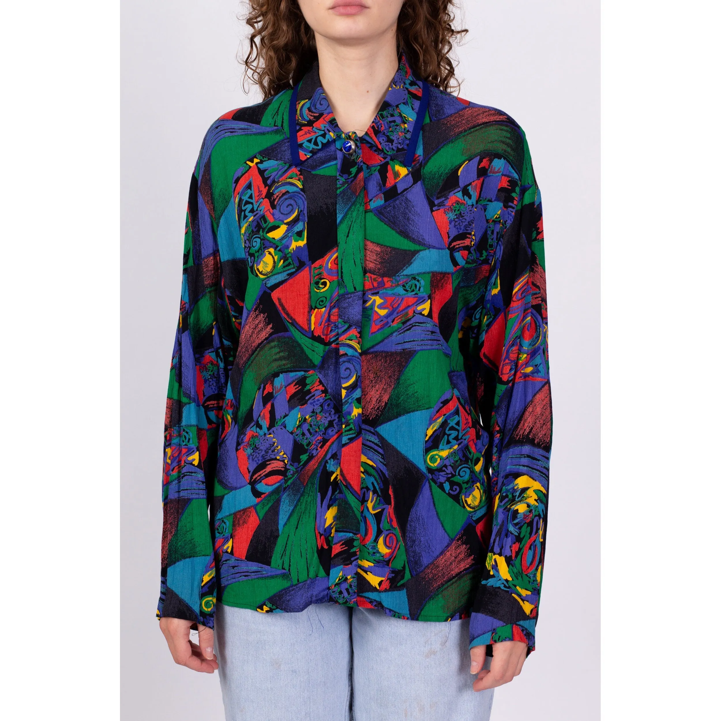 80s Abstract Button Up Blouse - Large