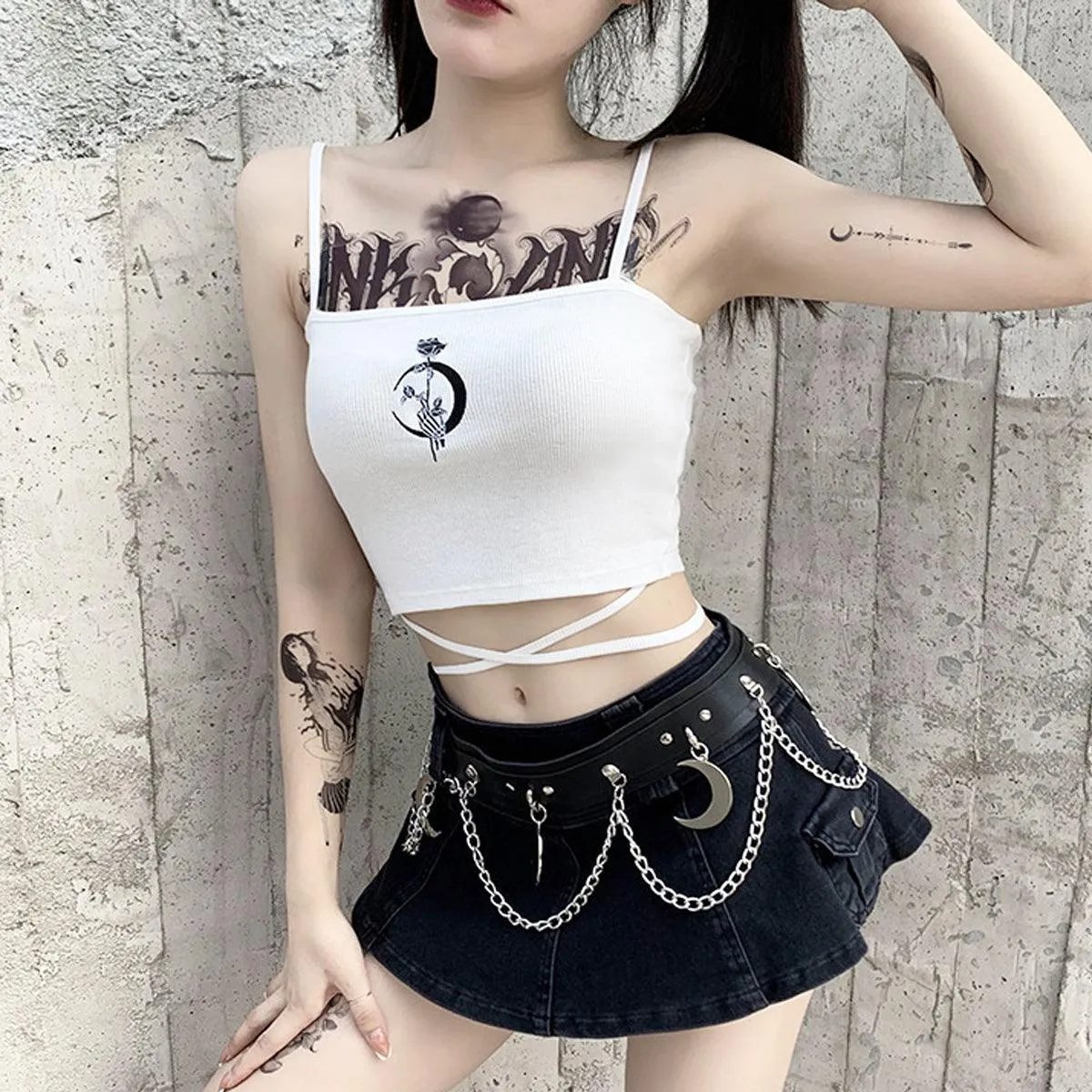 Crescent Moon Rose Black Crop Top