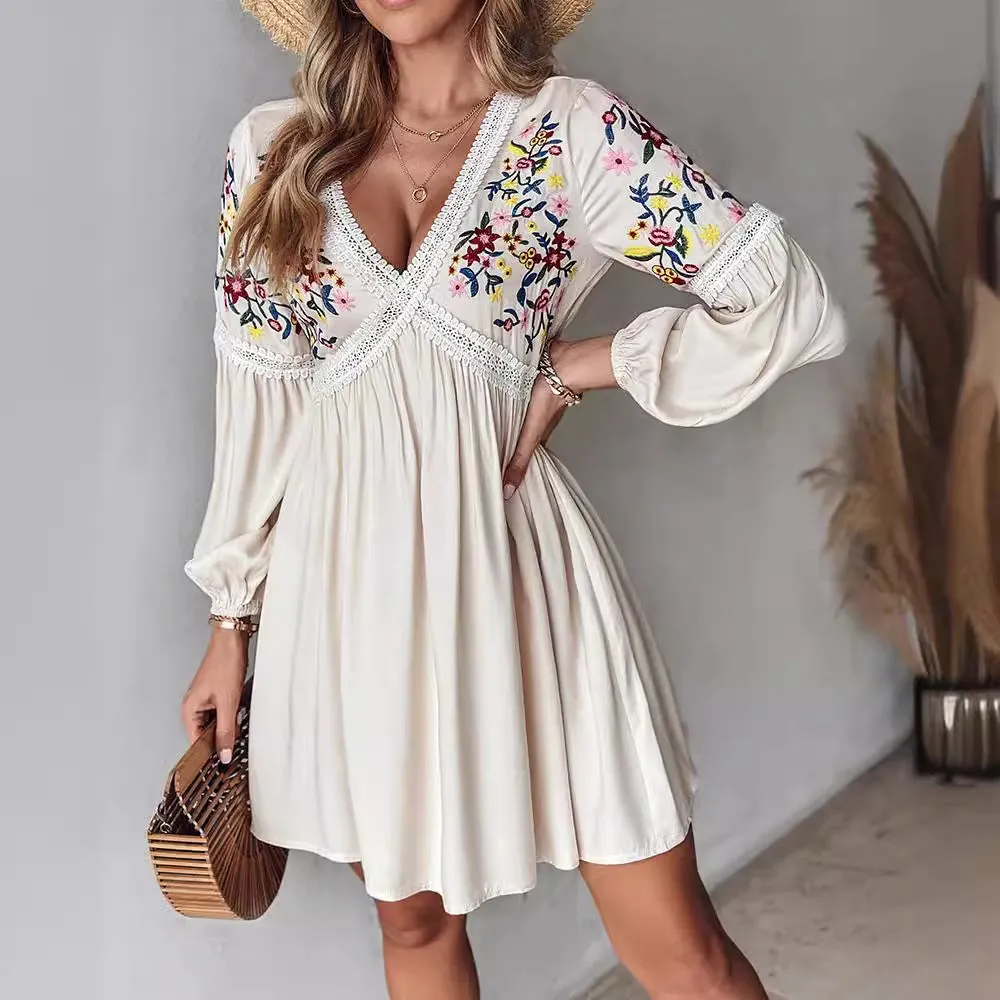 Embroidered V-Neck Casual Dress for Women – Chic & Trendy Skirt Style