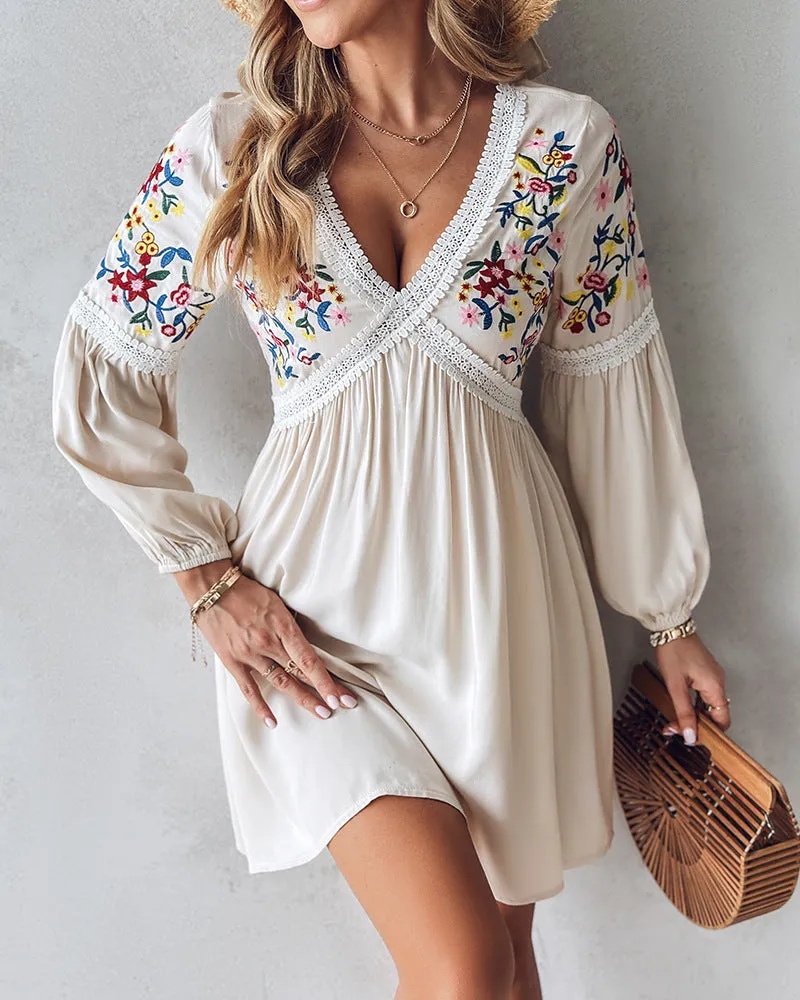 Embroidered V-Neck Casual Dress for Women – Chic & Trendy Skirt Style