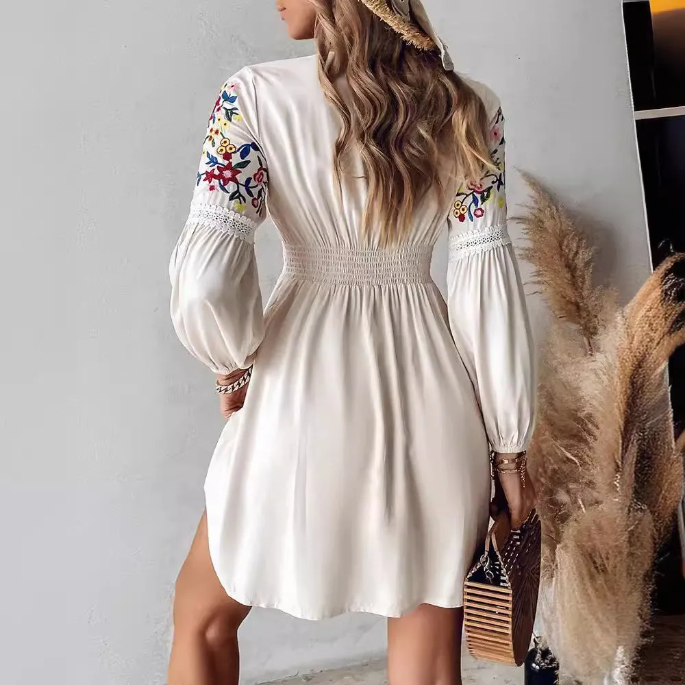 Embroidered V-Neck Casual Dress for Women – Chic & Trendy Skirt Style
