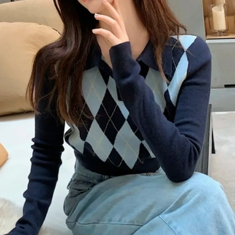 Joskaa Back To College Autumn 2024 Knitted Jumper Sweater V-neck Pullover New Fashion Sweater College Style Sweaters Bottoms Clothes Pull Femme 16474