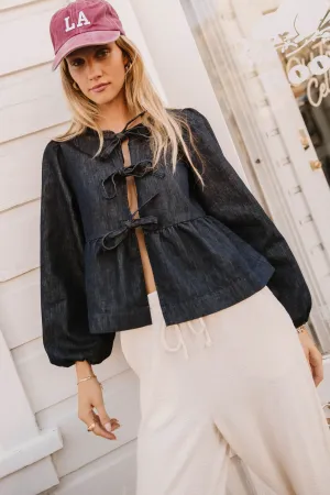 Maggie Peplum Tie Blouse in Dark Wash