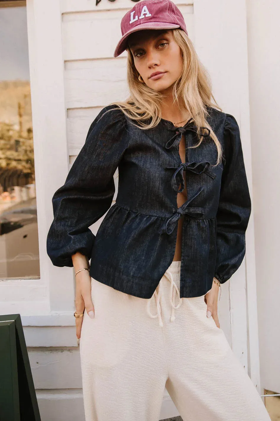 Maggie Peplum Tie Blouse in Dark Wash