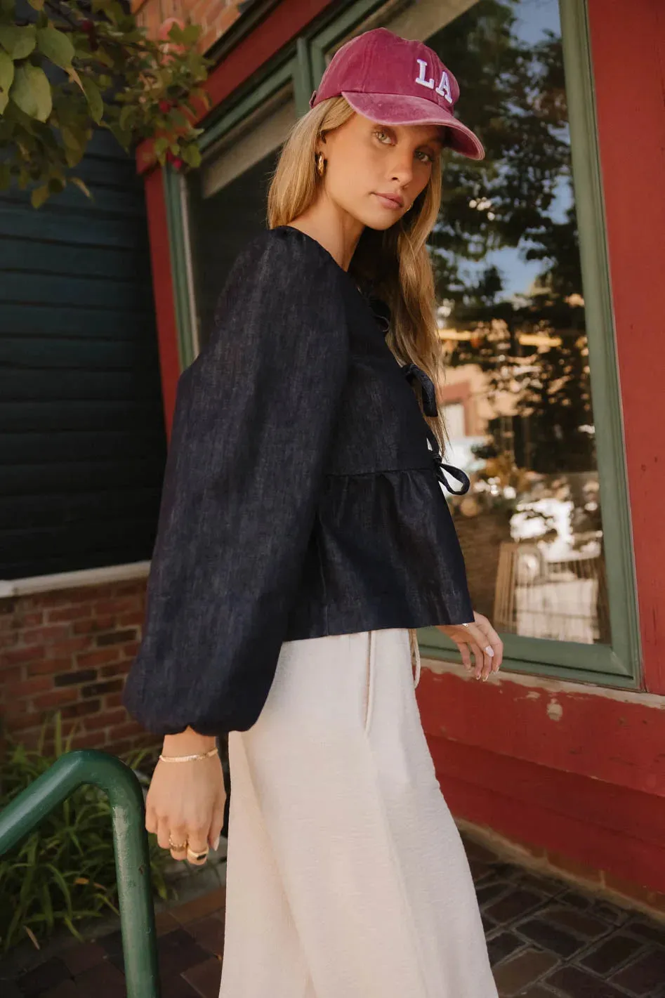 Maggie Peplum Tie Blouse in Dark Wash