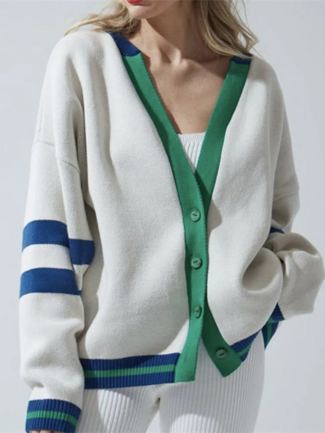 TastyHottie - Contrast Dropped Shoulder V-Neck Cardigan