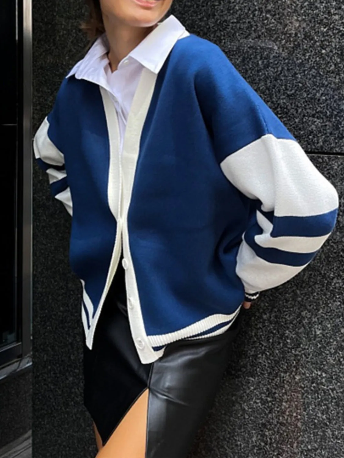 TastyHottie - Contrast Dropped Shoulder V-Neck Cardigan